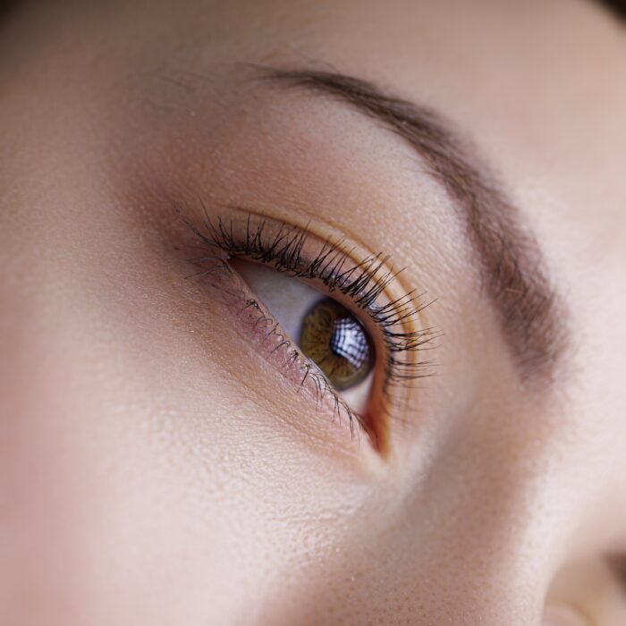 Close-up of eyelashes made permanent makeup. PMU eyelashes, permanent eye makeup